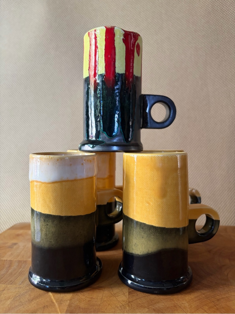 Handcrafted Artist Peter Shire Drip Yellow & Black Ceramic Tall Mugs  - Set of 5
